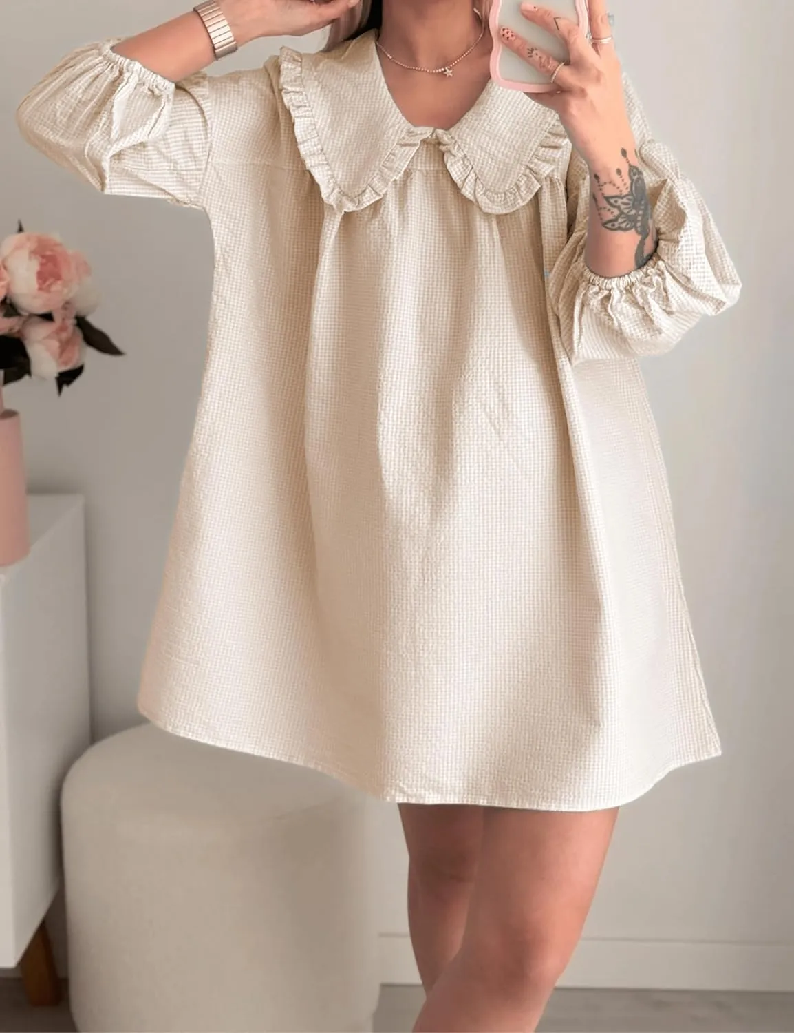 2025 Women's Babydoll 3/4 Puff Sleeve Plaid Mini Dress Lapel Doll Collar Loose Y2k Dress