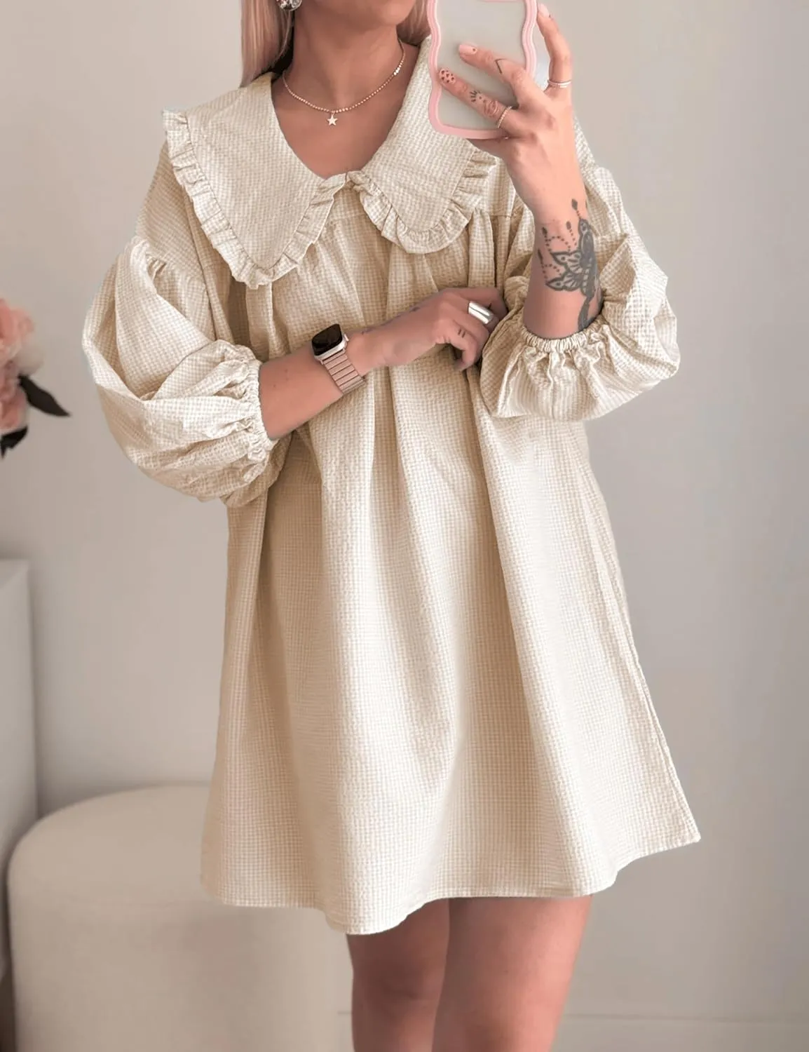 2025 Women's Babydoll 3/4 Puff Sleeve Plaid Mini Dress Lapel Doll Collar Loose Y2k Dress