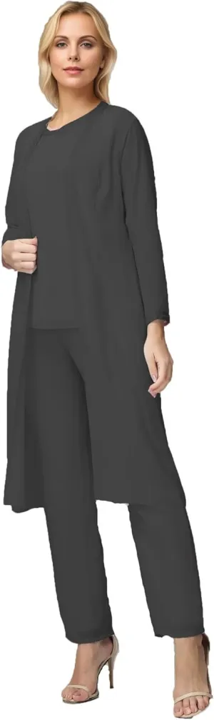 3 Pieces Long Sleeves Mother of The Bride Pants Suits with Jacket Chiffon Formal Evening Dress