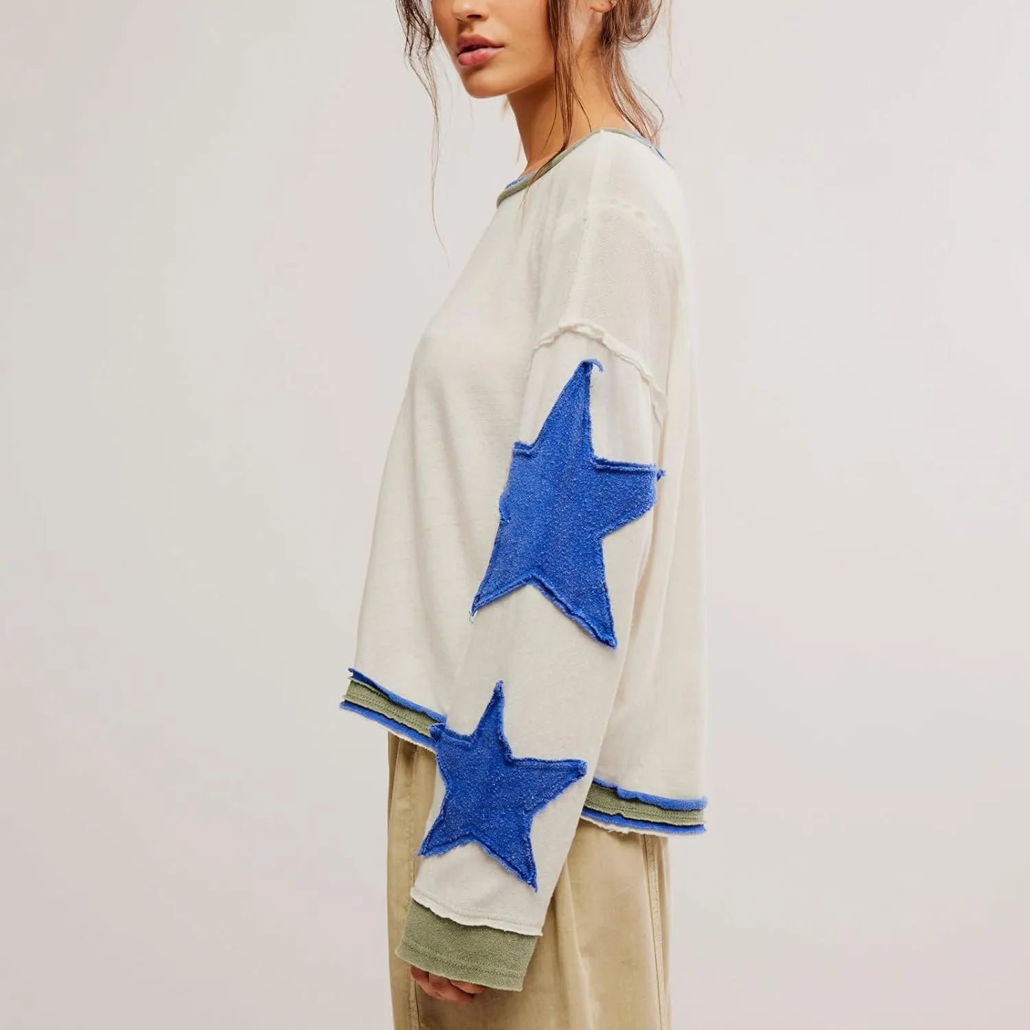 Amiblvowa Oversized Sweatshirt Women Star Graphic Crewneck Y2k Long Sleeve Vintage Striped Jacket Sweater Shirt Pullover Top
