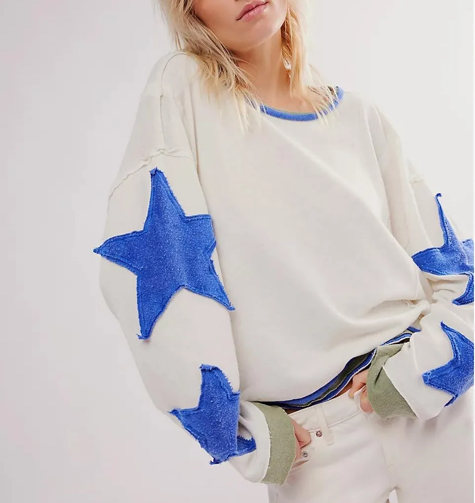 Amiblvowa Oversized Sweatshirt Women Star Graphic Crewneck Y2k Long Sleeve Vintage Striped Jacket Sweater Shirt Pullover Top