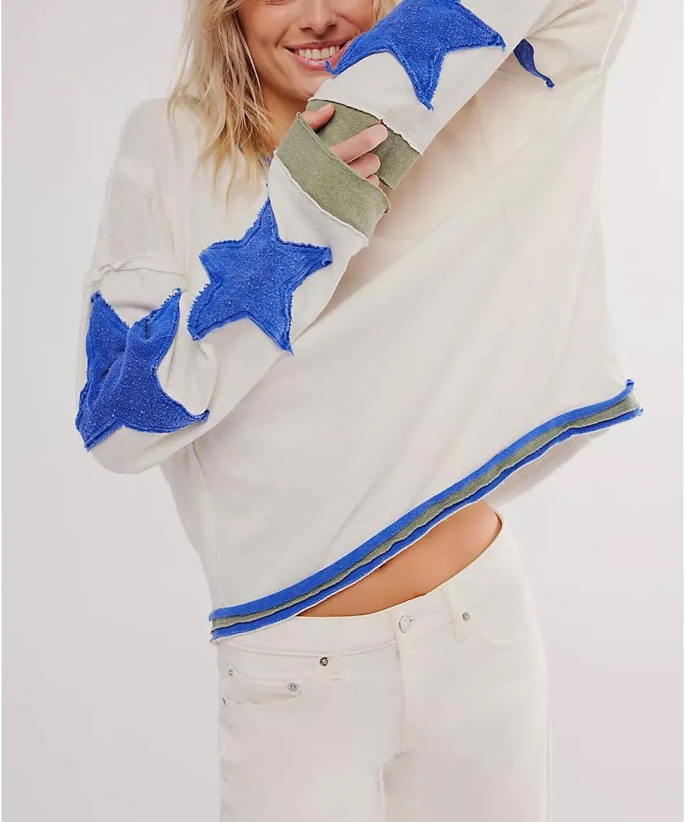 Amiblvowa Oversized Sweatshirt Women Star Graphic Crewneck Y2k Long Sleeve Vintage Striped Jacket Sweater Shirt Pullover Top