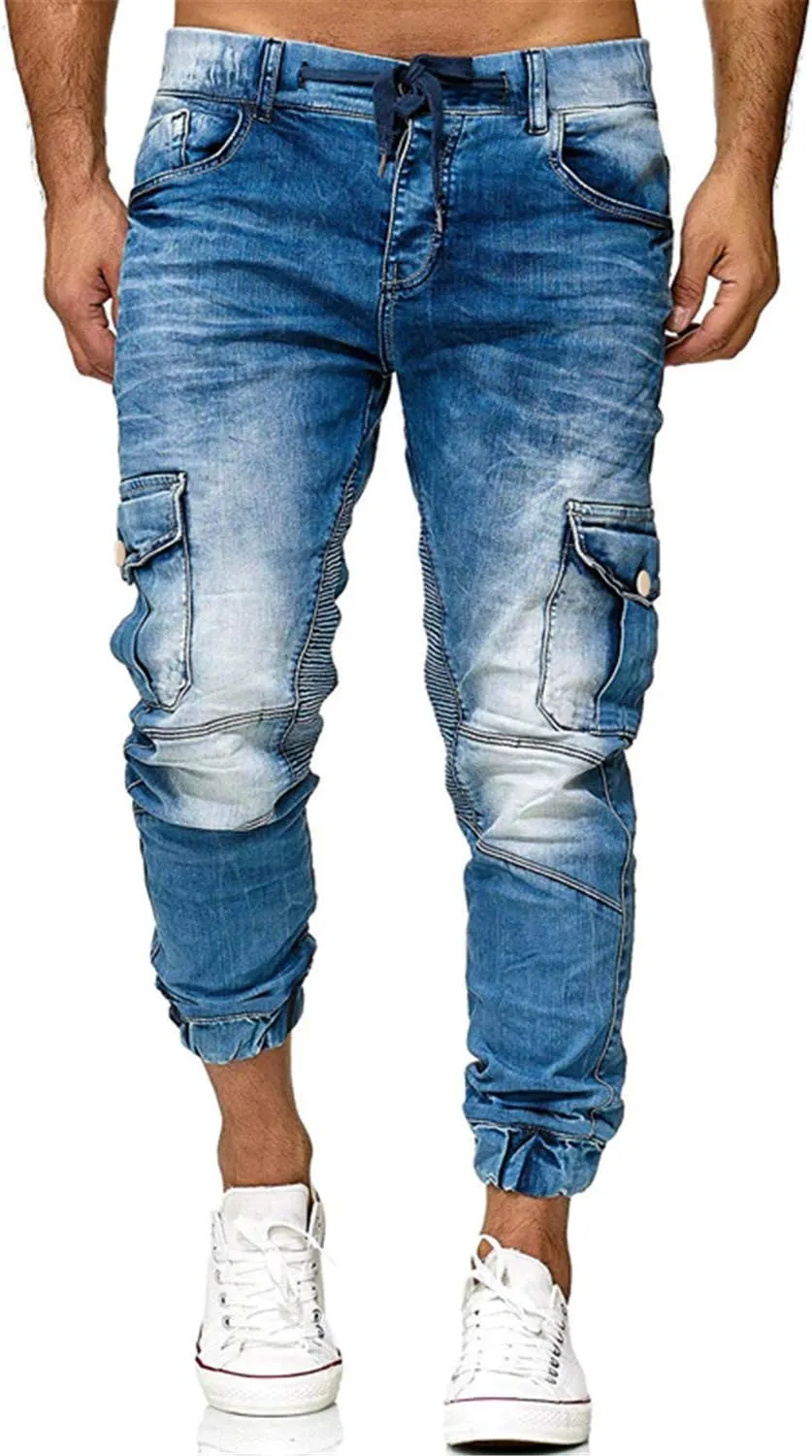 Andongnywell Men's Adjust Drawstring Jeans Slim Fit Denim Pants Side Pockets Skinny Jean Chino Trousers Sweatpants