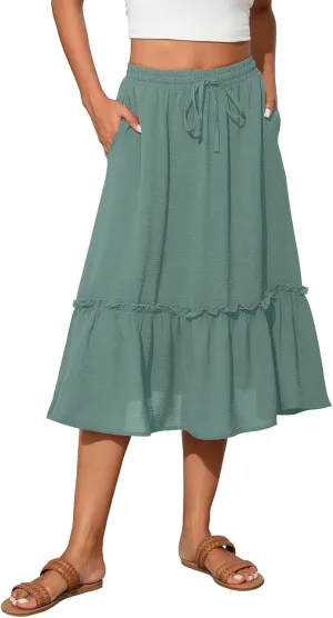 Black Pleated Skirt for Women with Pockets Plus Size A Line Layered Skirts Summer Stretchy Drawstring Beach -Skirts