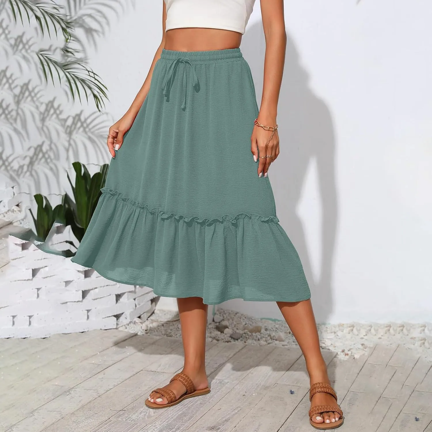 Black Pleated Skirt for Women with Pockets Plus Size A Line Layered Skirts Summer Stretchy Drawstring Beach -Skirts