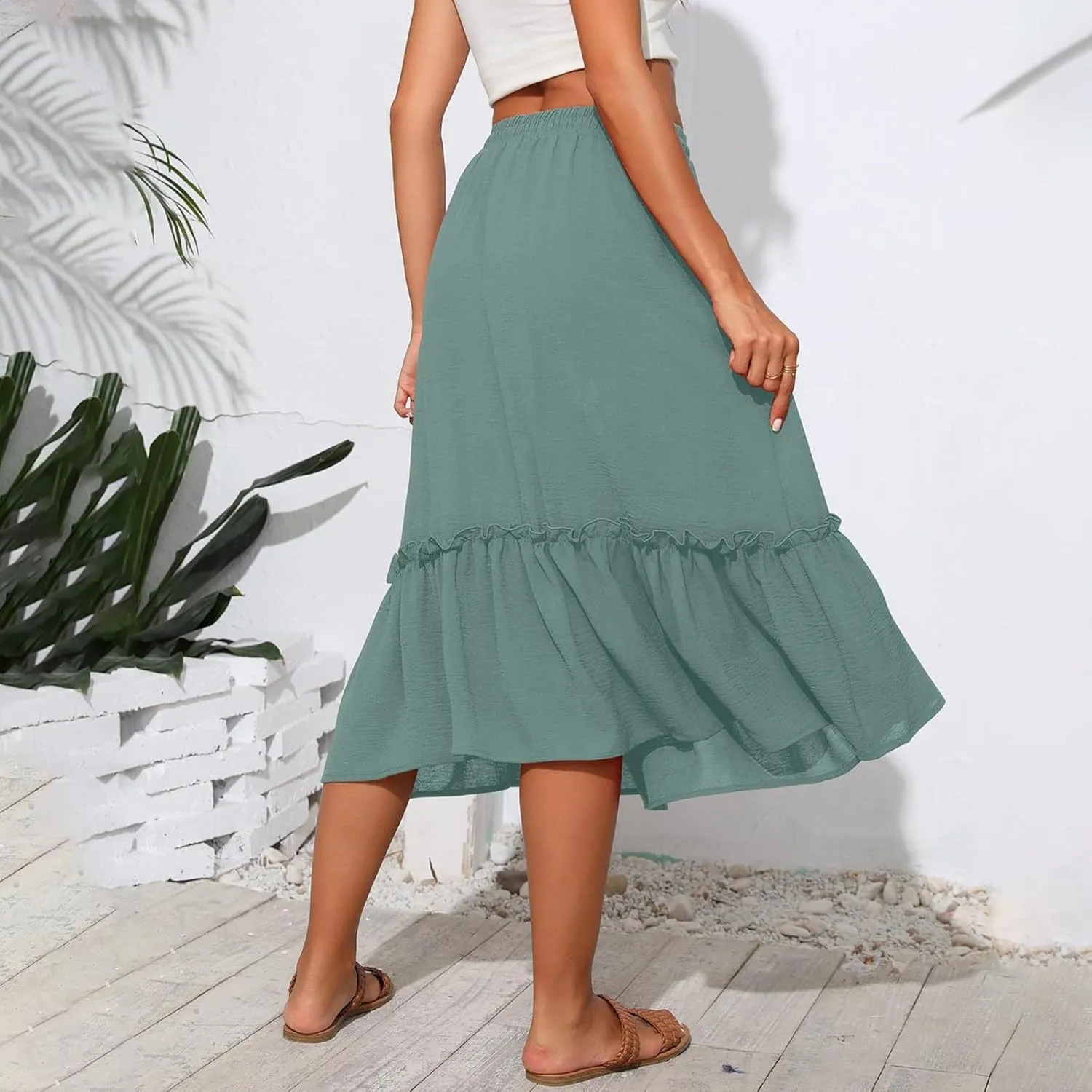 Black Pleated Skirt for Women with Pockets Plus Size A Line Layered Skirts Summer Stretchy Drawstring Beach -Skirts