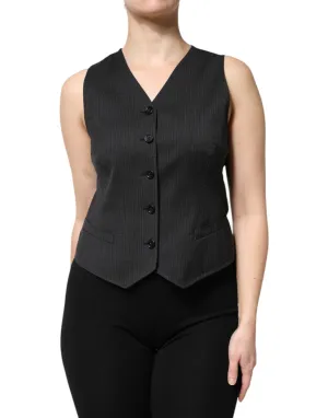 Black Striped Button Down Sleeveless Vest Top