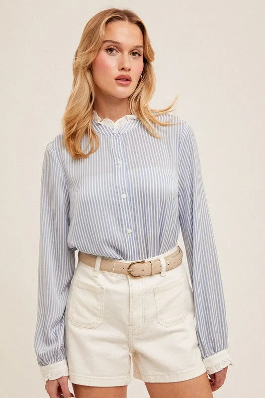 Blue Stripe Button Down With Ruffle Top