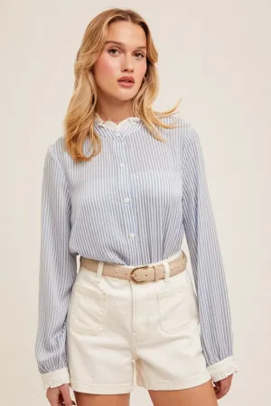 Blue Stripe Button Down With Ruffle Top