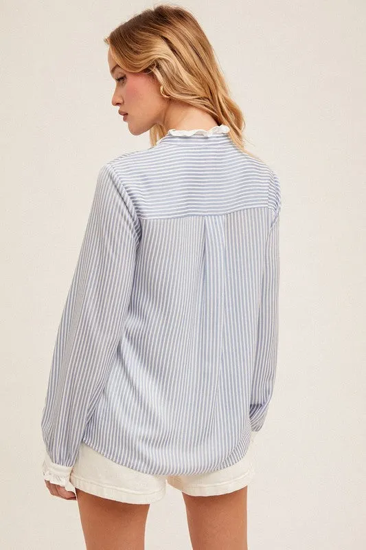 Blue Stripe Button Down With Ruffle Top