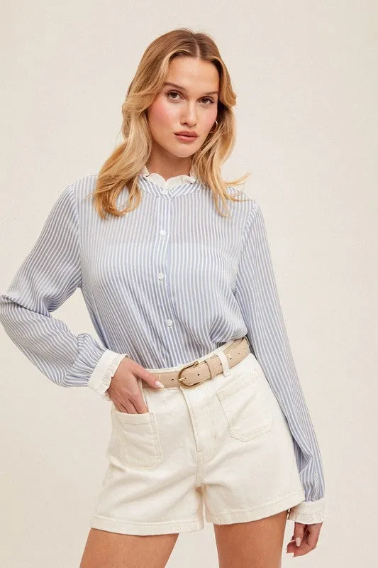 Blue Stripe Button Down With Ruffle Top