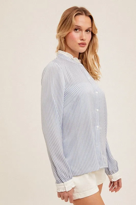 Blue Stripe Button Down With Ruffle Top