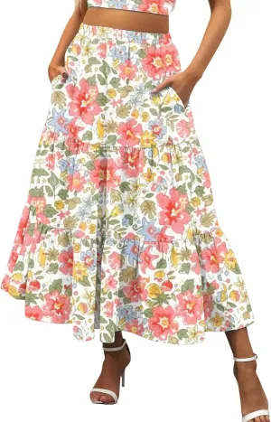 Boho Tiered Maxi Skirt Women Flowy Summer Beach Skirts Elastic Waistband Midi Skirt Floral Pleated A Line Skirt with Pockets