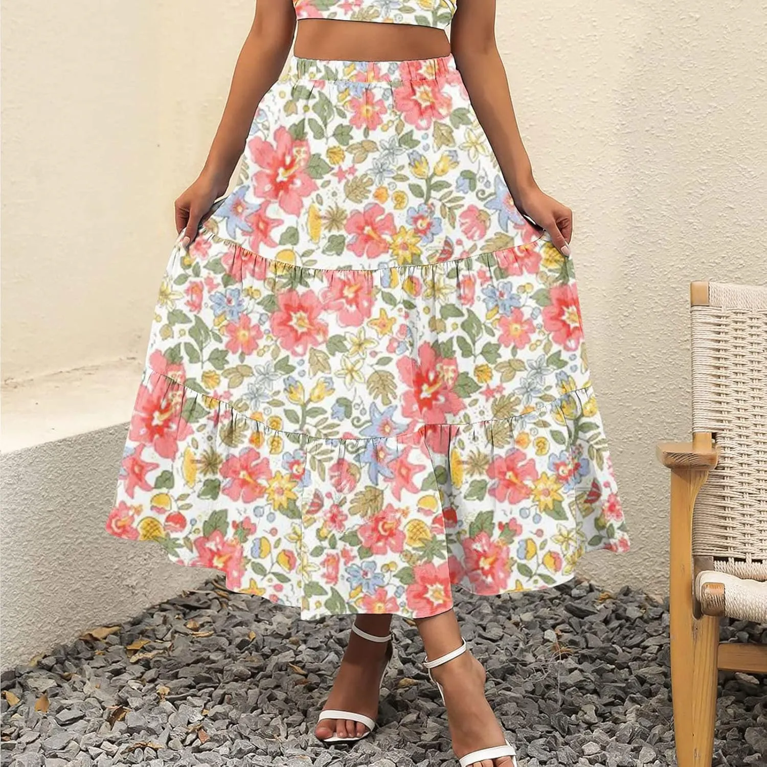 Boho Tiered Maxi Skirt Women Flowy Summer Beach Skirts Elastic Waistband Midi Skirt Floral Pleated A Line Skirt with Pockets
