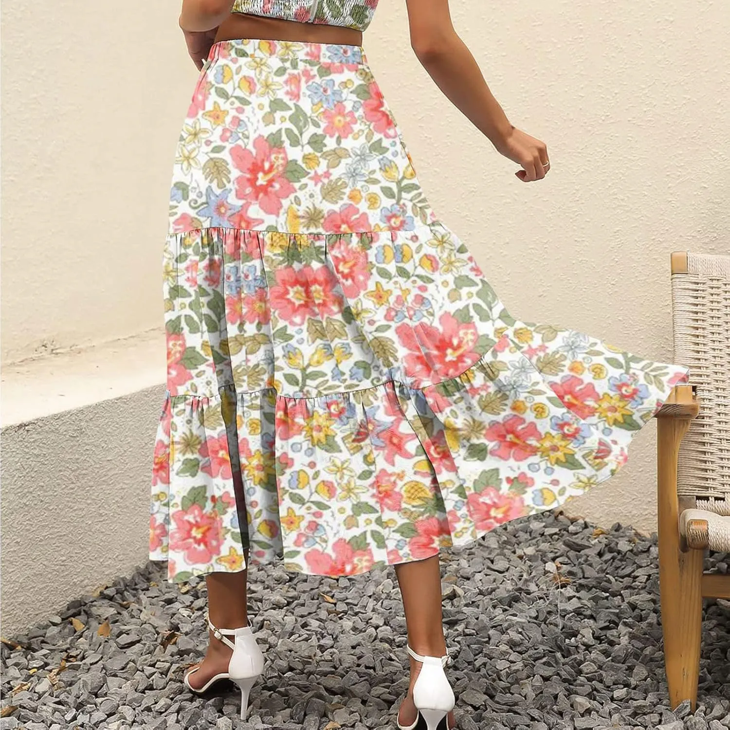 Boho Tiered Maxi Skirt Women Flowy Summer Beach Skirts Elastic Waistband Midi Skirt Floral Pleated A Line Skirt with Pockets