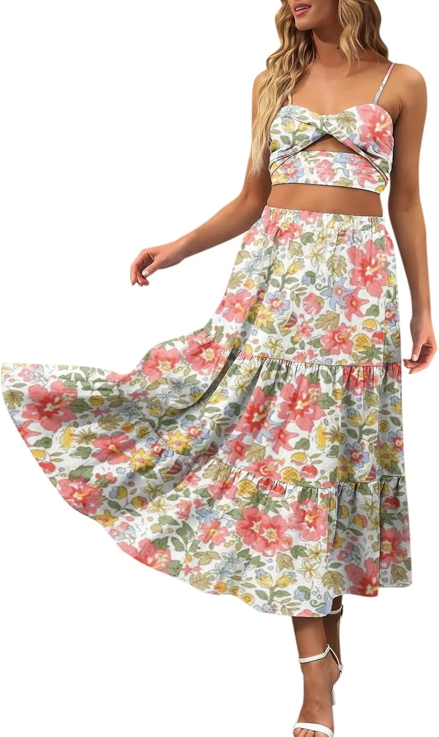 Boho Tiered Maxi Skirt Women Flowy Summer Beach Skirts Elastic Waistband Midi Skirt Floral Pleated A Line Skirt with Pockets