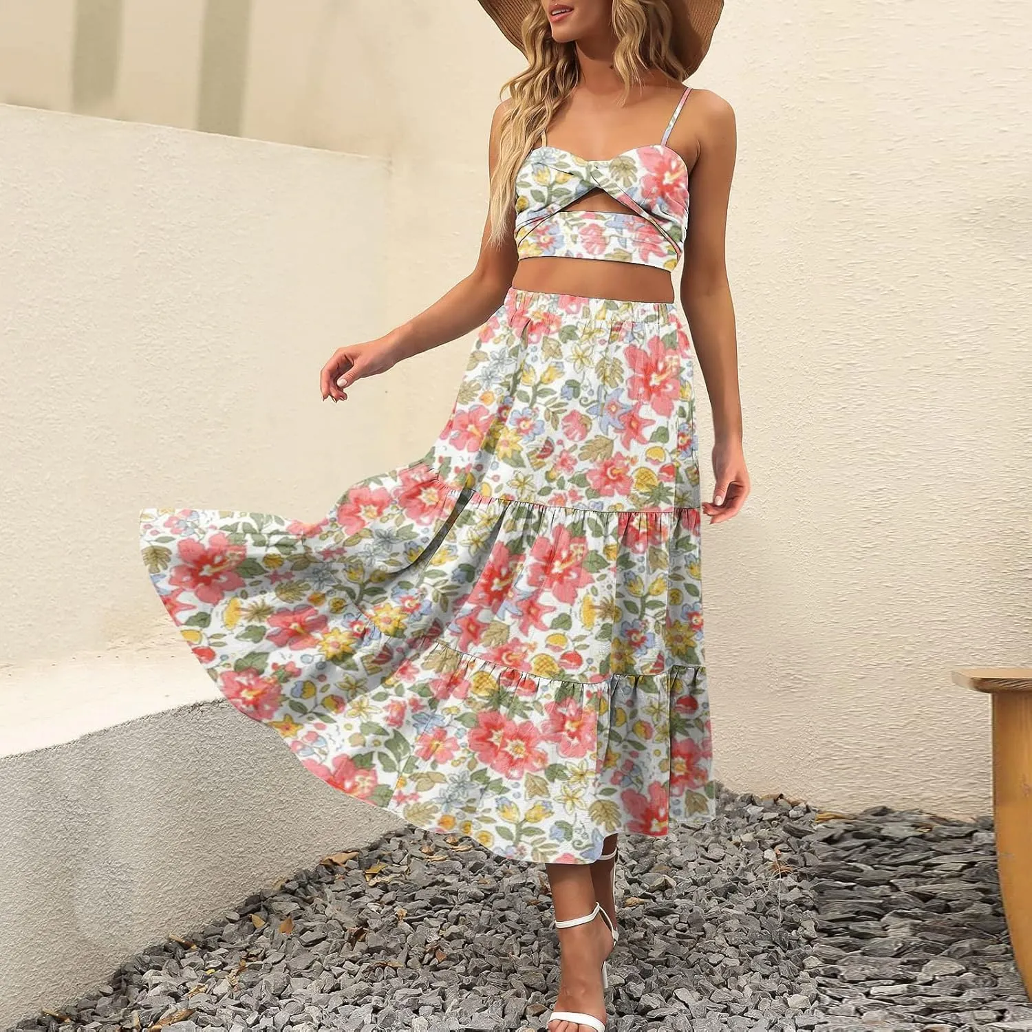 Boho Tiered Maxi Skirt Women Flowy Summer Beach Skirts Elastic Waistband Midi Skirt Floral Pleated A Line Skirt with Pockets