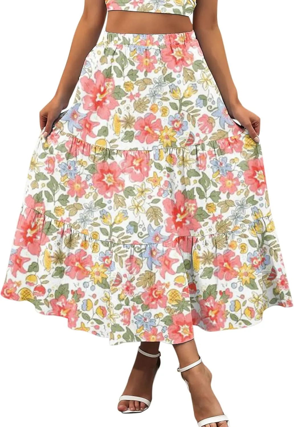 Boho Tiered Maxi Skirt Women Flowy Summer Beach Skirts Elastic Waistband Midi Skirt Floral Pleated A Line Skirt with Pockets
