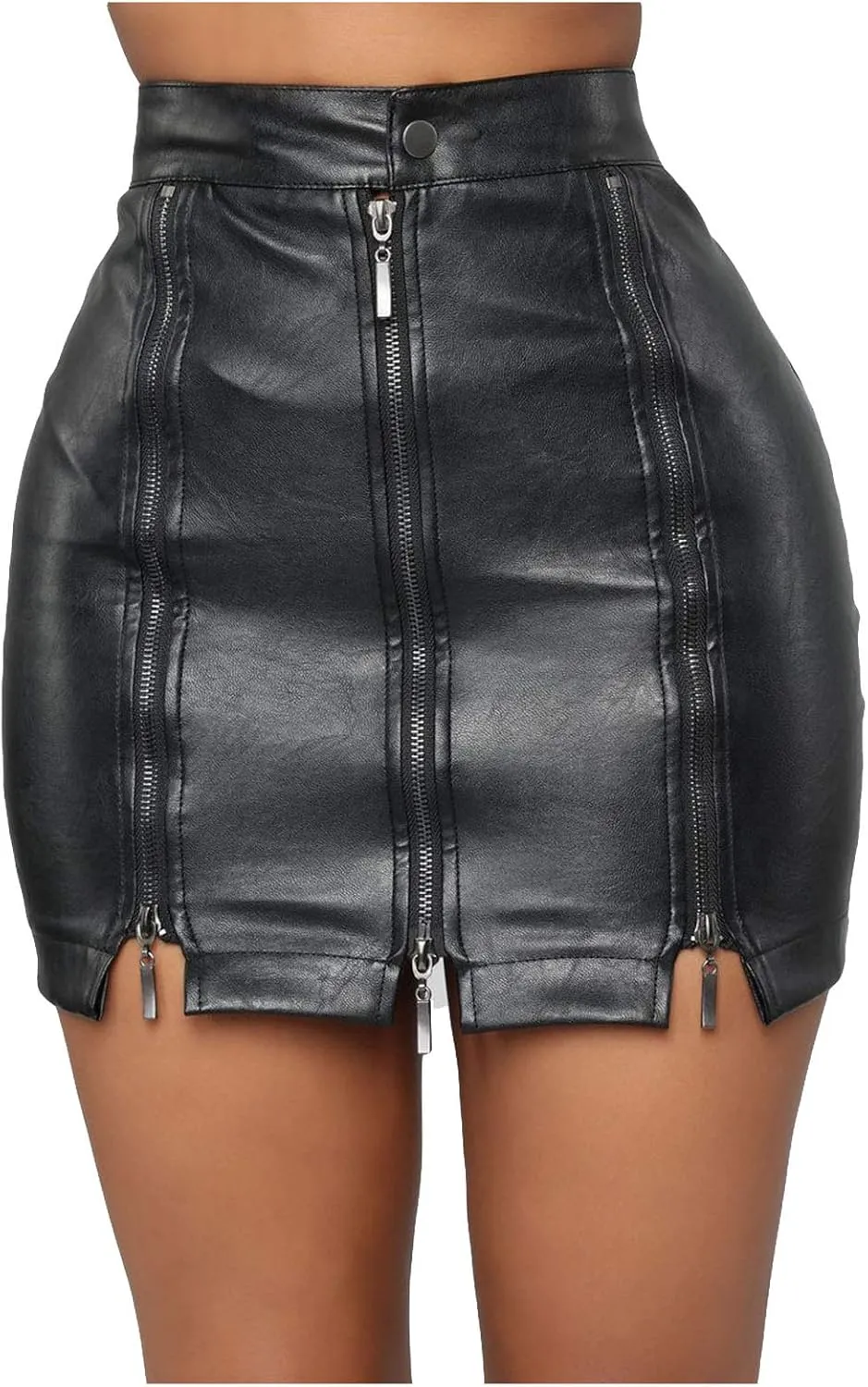BTDECLAR PU Leather Skirts for Women Trendy High Waisted Full Zip Bodycon Mini Skirt Button Leather Party Club A-Line Skirts