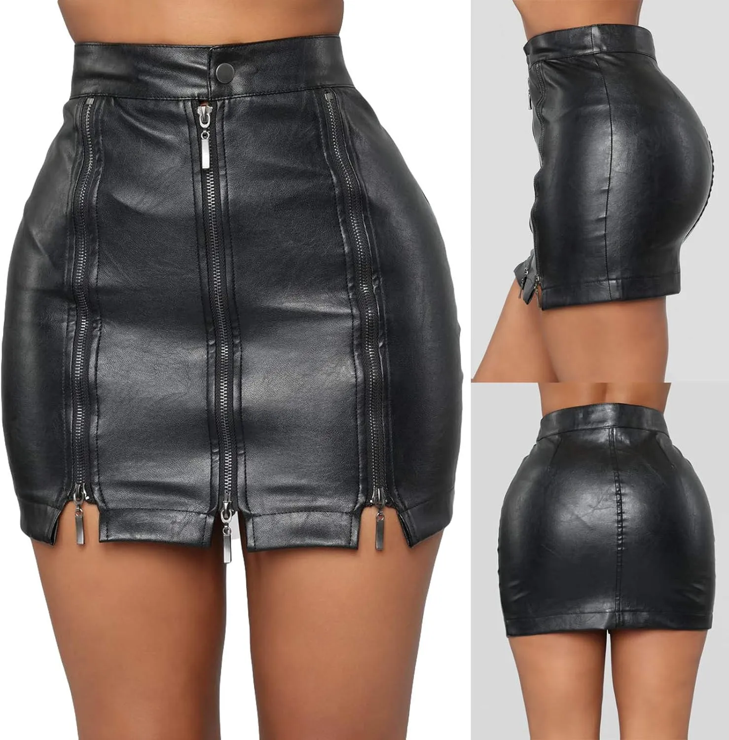 BTDECLAR PU Leather Skirts for Women Trendy High Waisted Full Zip Bodycon Mini Skirt Button Leather Party Club A-Line Skirts