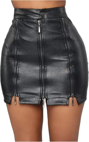 BTDECLAR PU Leather Skirts for Women Trendy High Waisted Full Zip Bodycon Mini Skirt Button Leather Party Club A-Line Skirts