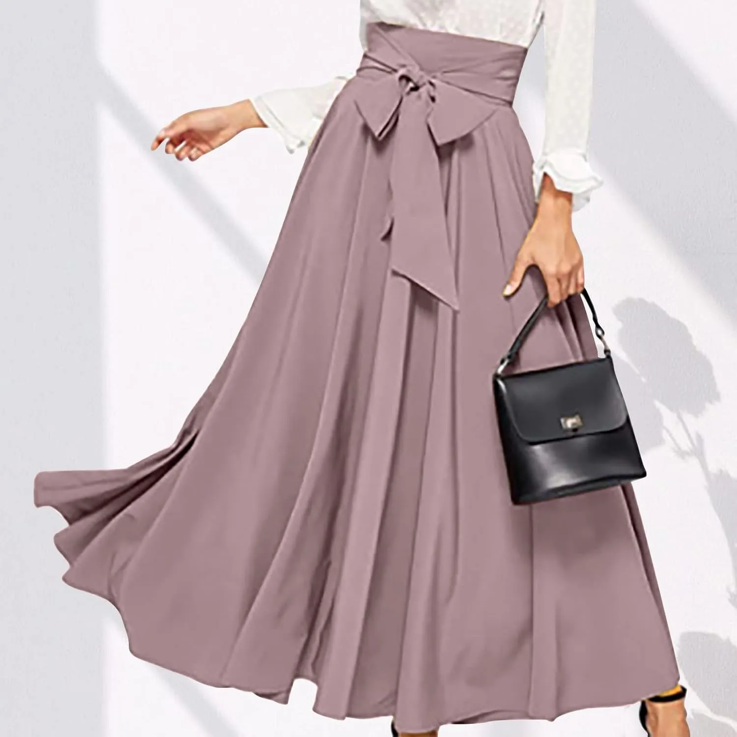 BTDECLAR Women's Elegant Flowy Long Skirts Trendy High Waisted Tie Front Pleated Swing Formal A Line Maxi Skirt Ankle Length