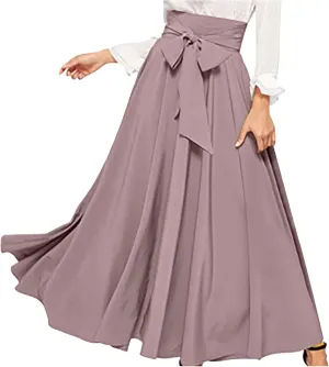 BTDECLAR Women's Elegant Flowy Long Skirts Trendy High Waisted Tie Front Pleated Swing Formal A Line Maxi Skirt Ankle Length
