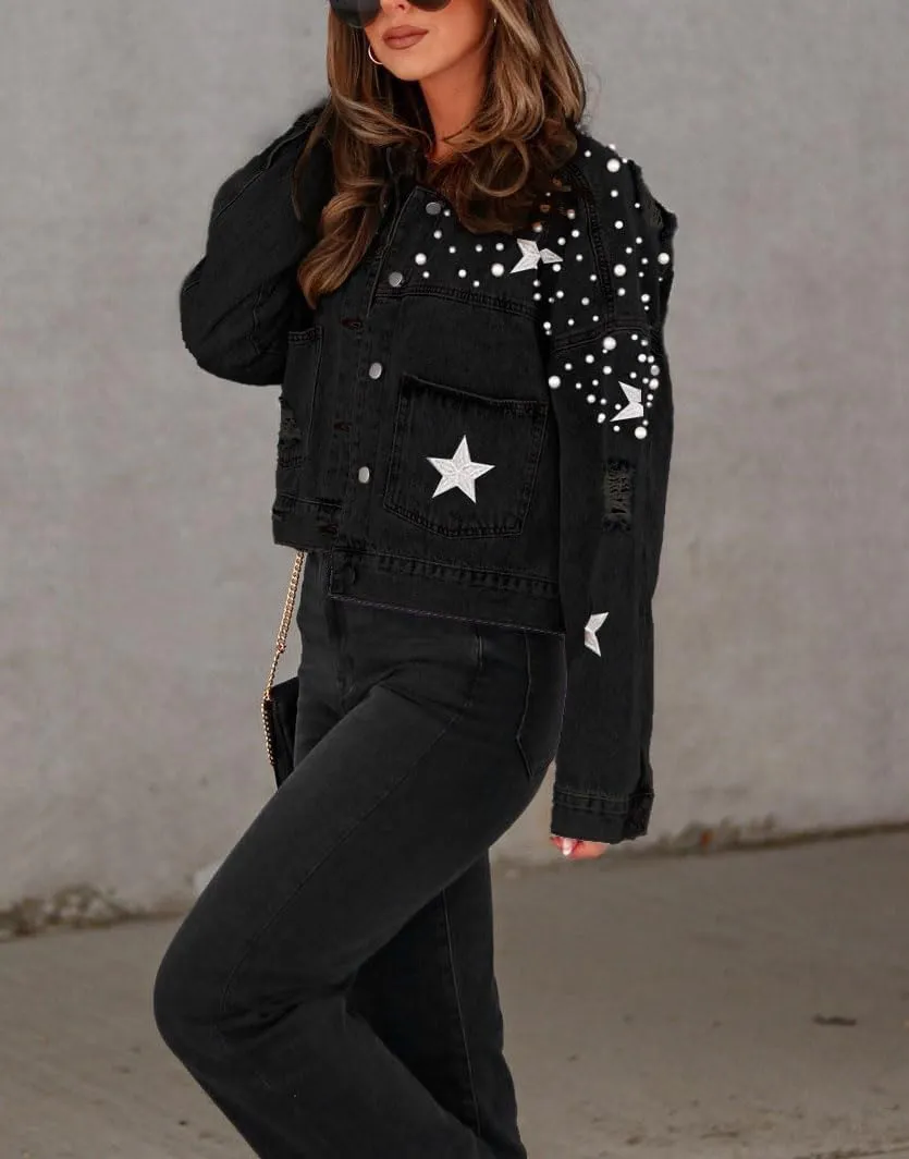 chouyatou Women's Fall Distressed Oversized Denim Jacket Embroidered Pearls Star Short Jean Jacket