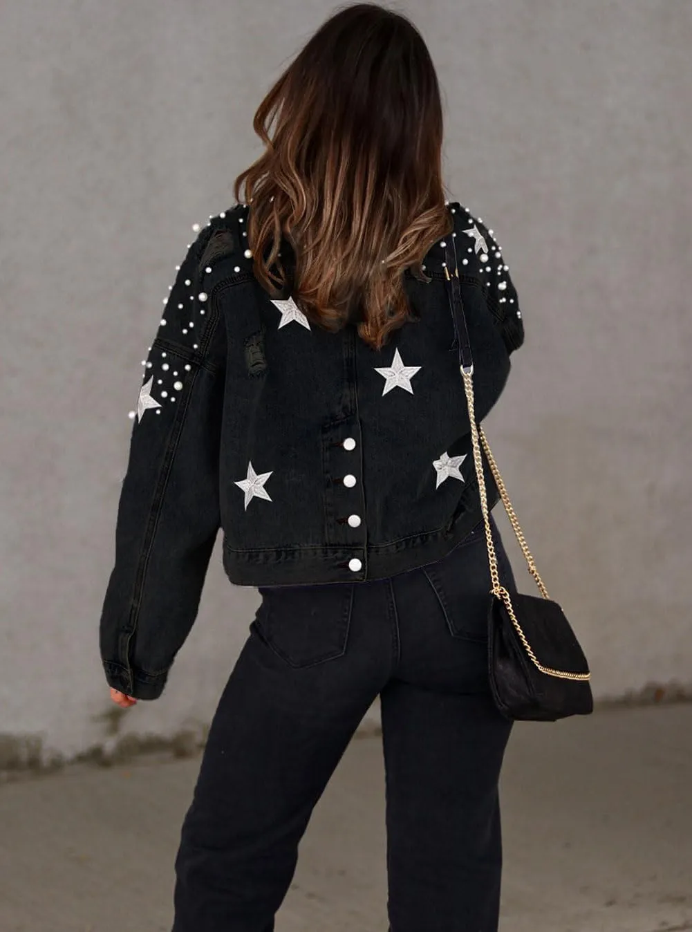 chouyatou Women's Fall Distressed Oversized Denim Jacket Embroidered Pearls Star Short Jean Jacket