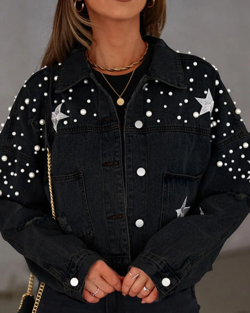 chouyatou Women's Fall Distressed Oversized Denim Jacket Embroidered Pearls Star Short Jean Jacket