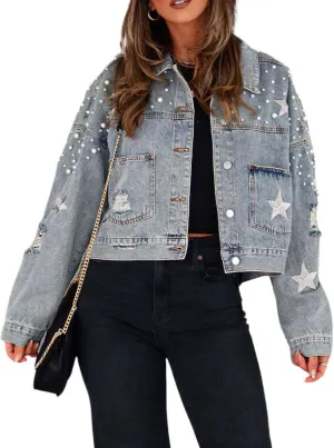 chouyatou Women's Fall Distressed Oversized Denim Jacket Embroidered Pearls Star Short Jean Jacket