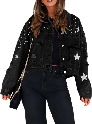 chouyatou Women's Fall Distressed Oversized Denim Jacket Embroidered Pearls Star Short Jean Jacket