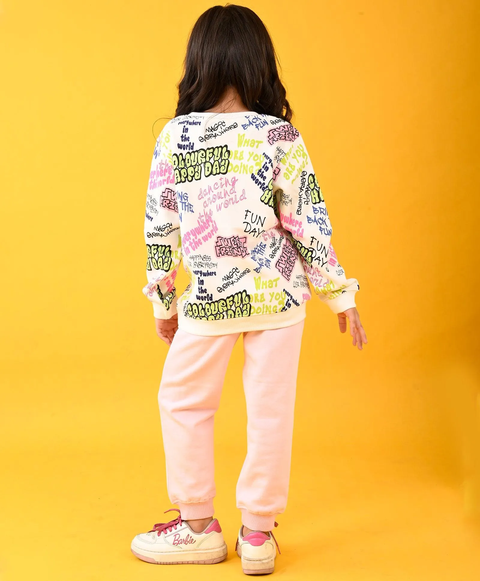 COLORFUL HAPPINESS FUN FLEECE SWEATSHIRT AND PINK HEART JOGGER SET - WHITE/PINK