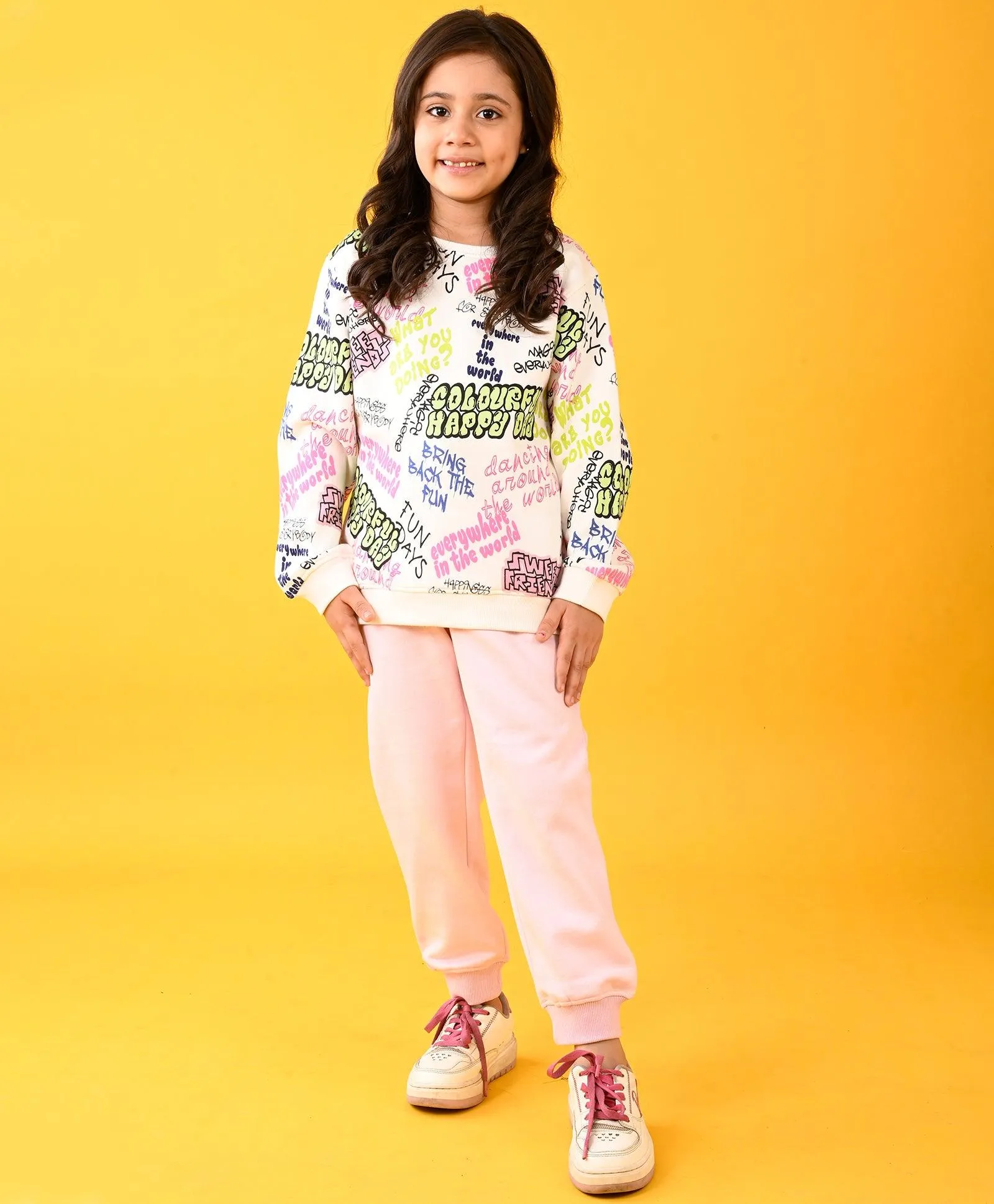 COLORFUL HAPPINESS FUN FLEECE SWEATSHIRT AND PINK HEART JOGGER SET - WHITE/PINK