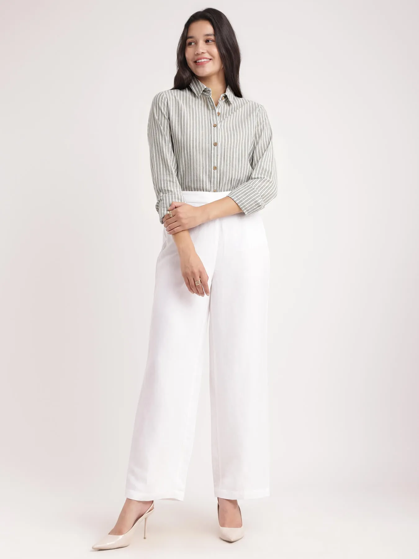 Cotton Linen Striped Shirt - Olive
