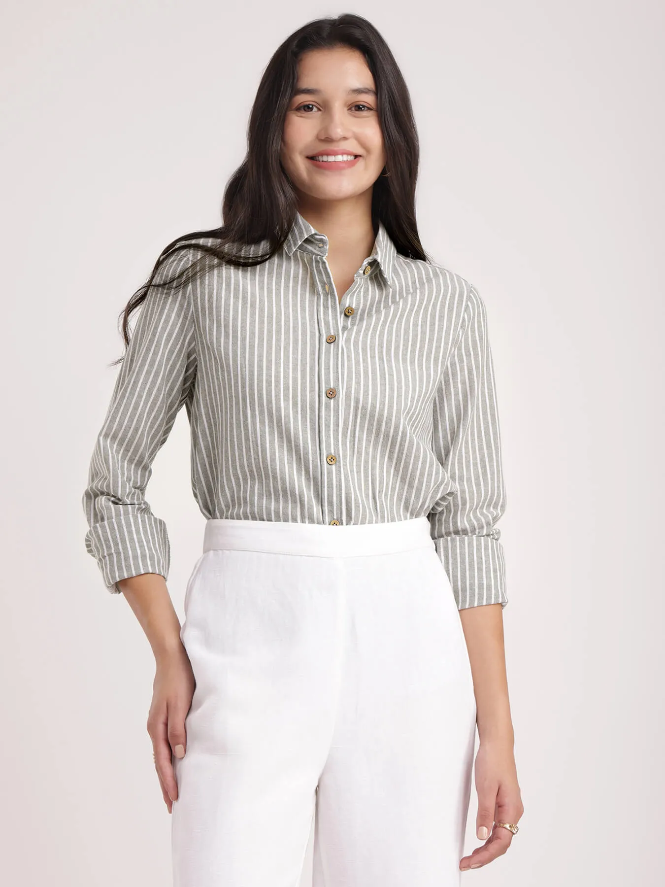 Cotton Linen Striped Shirt - Olive