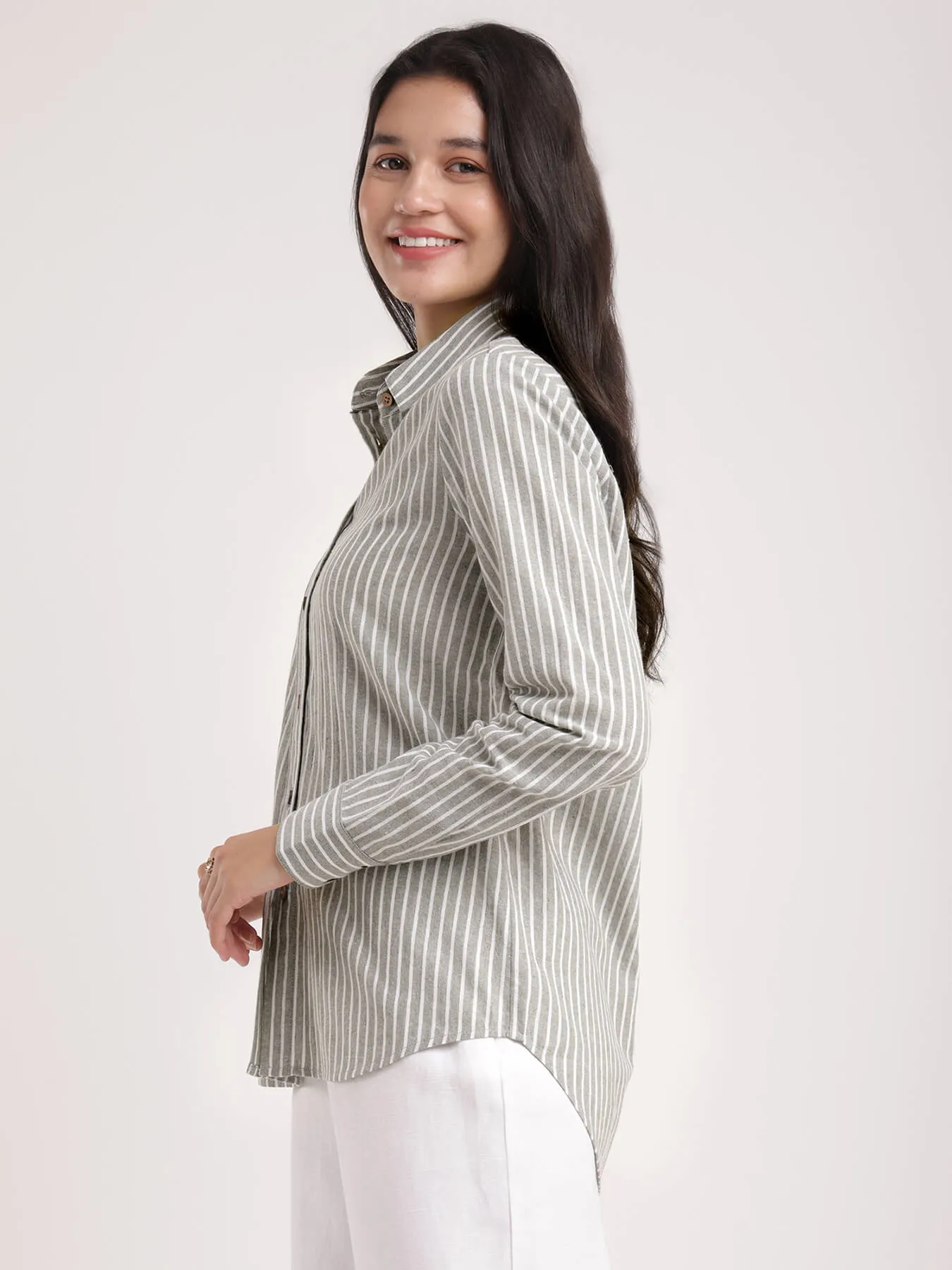 Cotton Linen Striped Shirt - Olive