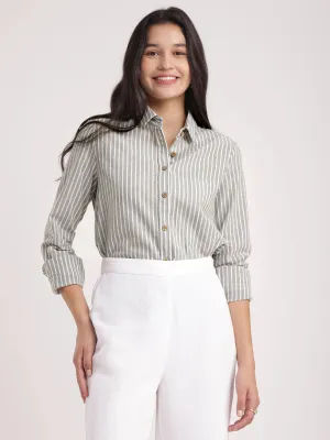 Cotton Linen Striped Shirt - Olive