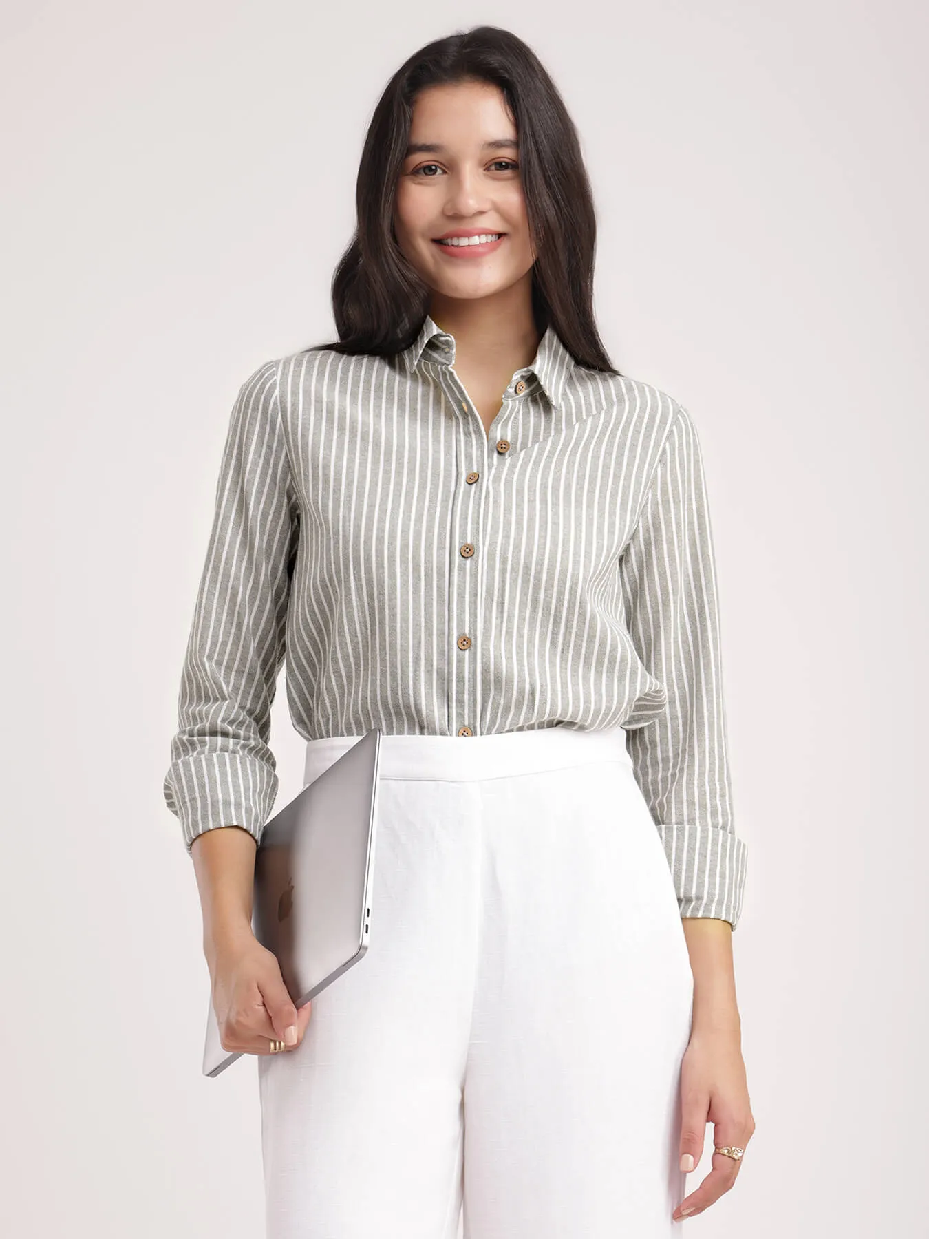 Cotton Linen Striped Shirt - Olive