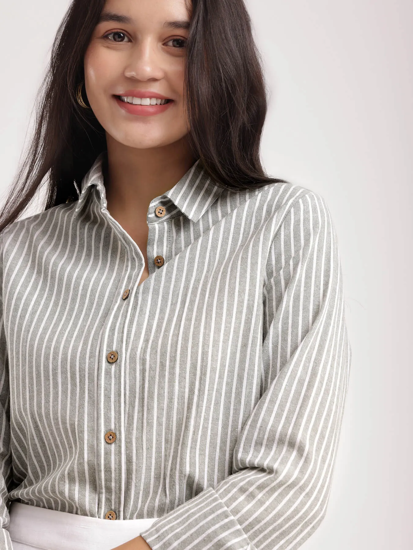 Cotton Linen Striped Shirt - Olive