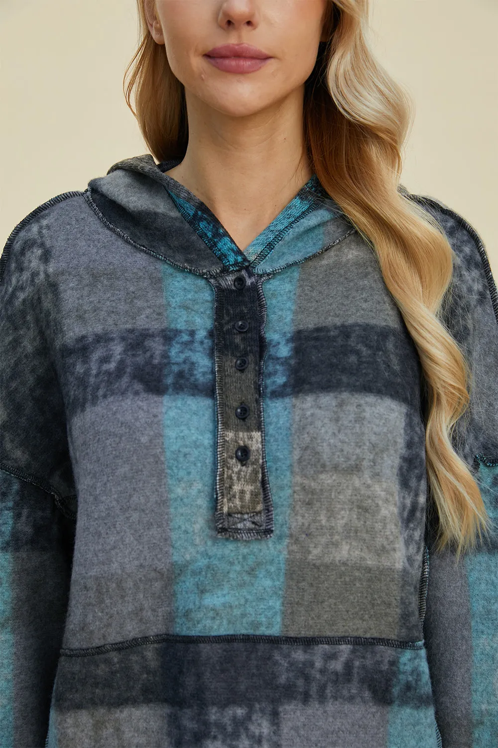 Cozy Plaid Charm: Double Take Dropped Shoulder Hoodie