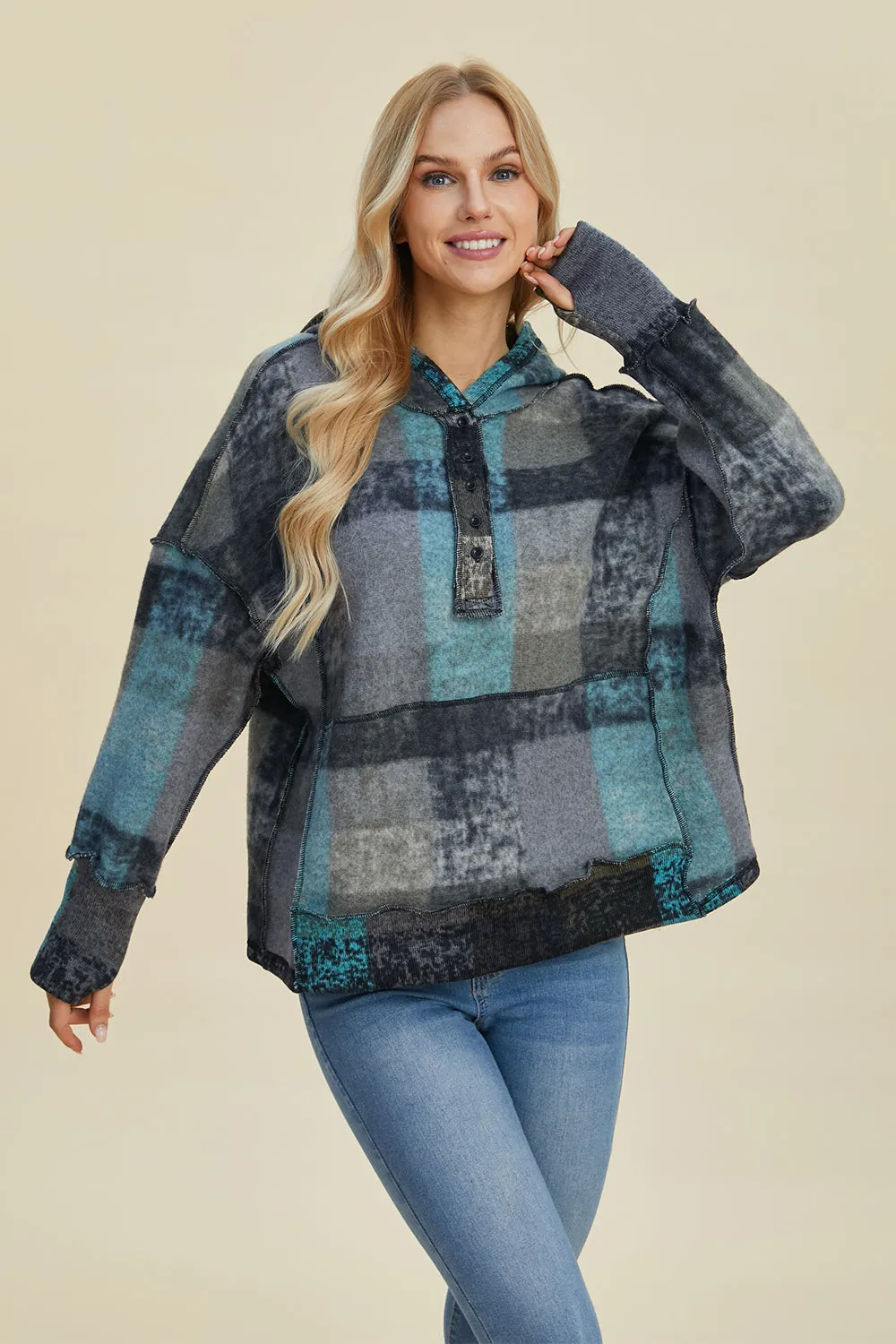 Cozy Plaid Charm: Double Take Dropped Shoulder Hoodie