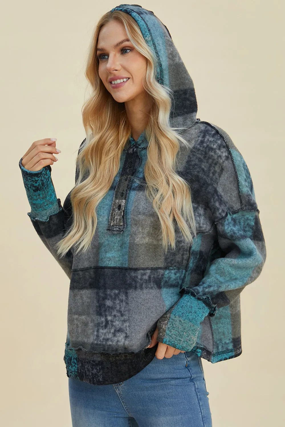 Cozy Plaid Charm: Double Take Dropped Shoulder Hoodie