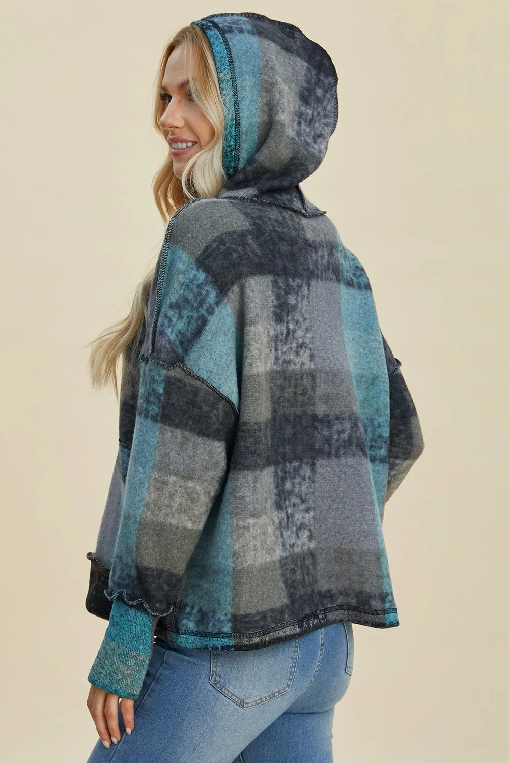 Cozy Plaid Charm: Double Take Dropped Shoulder Hoodie