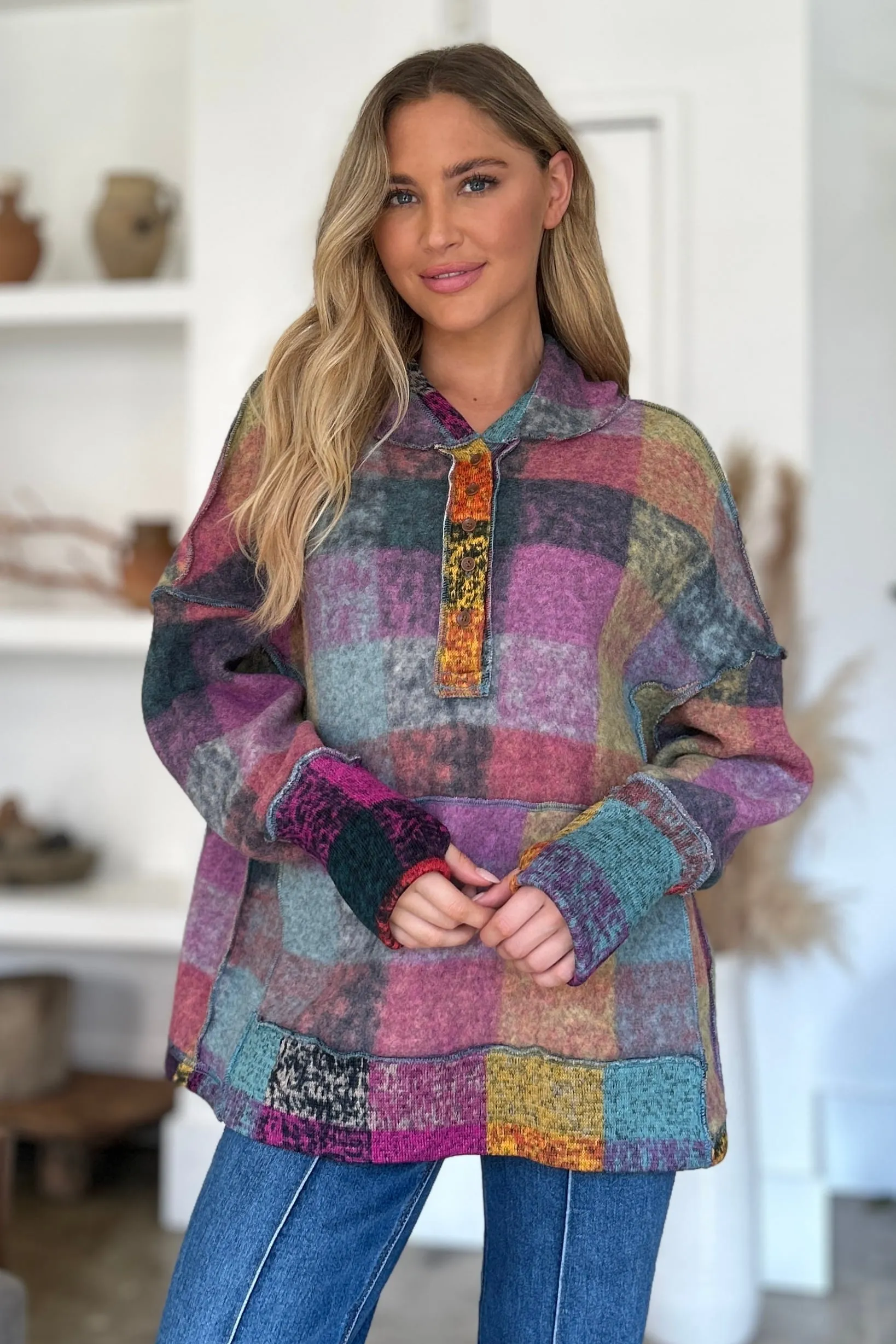 Cozy Plaid Charm: Double Take Dropped Shoulder Hoodie