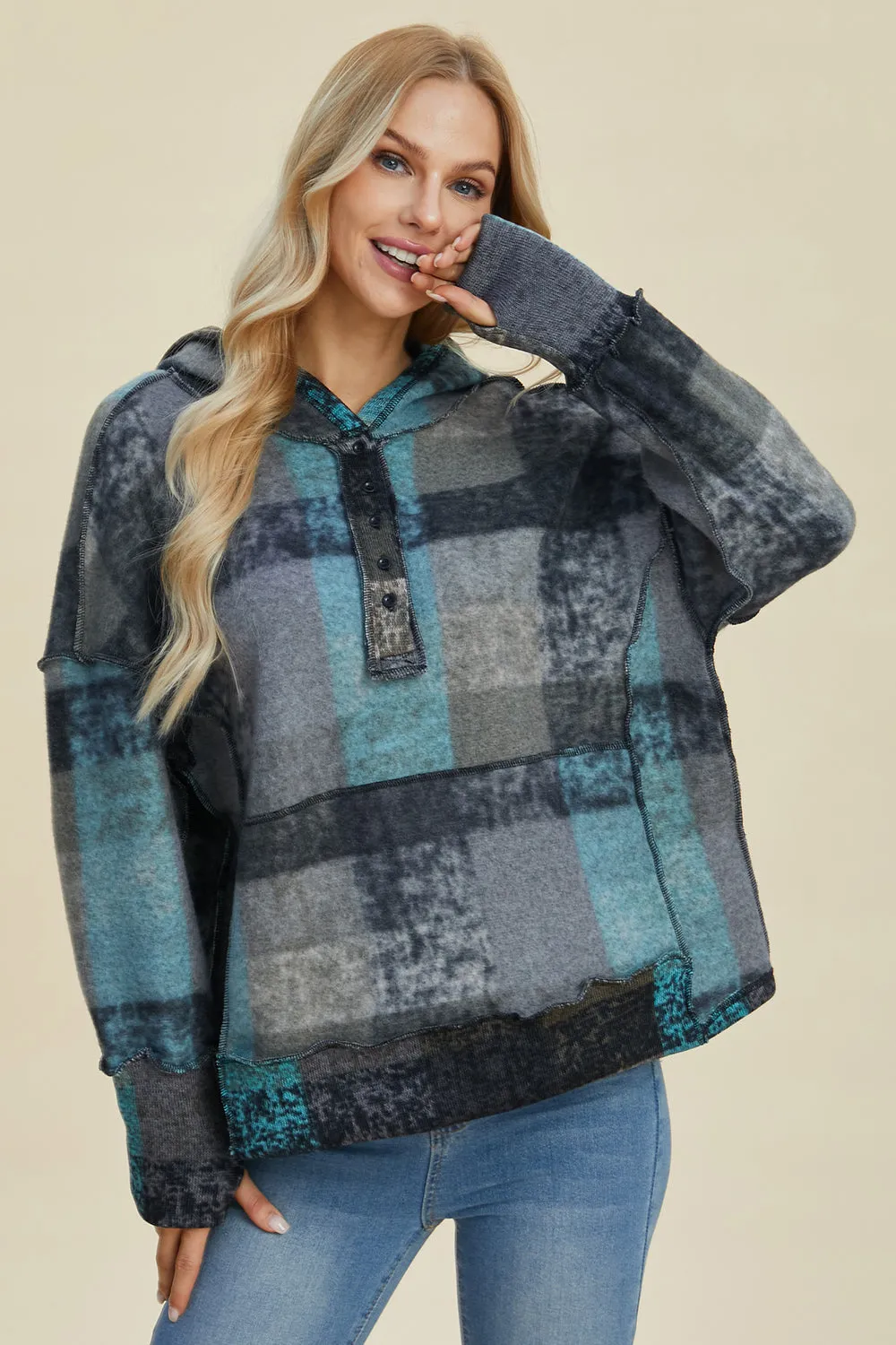 Cozy Plaid Charm: Double Take Dropped Shoulder Hoodie