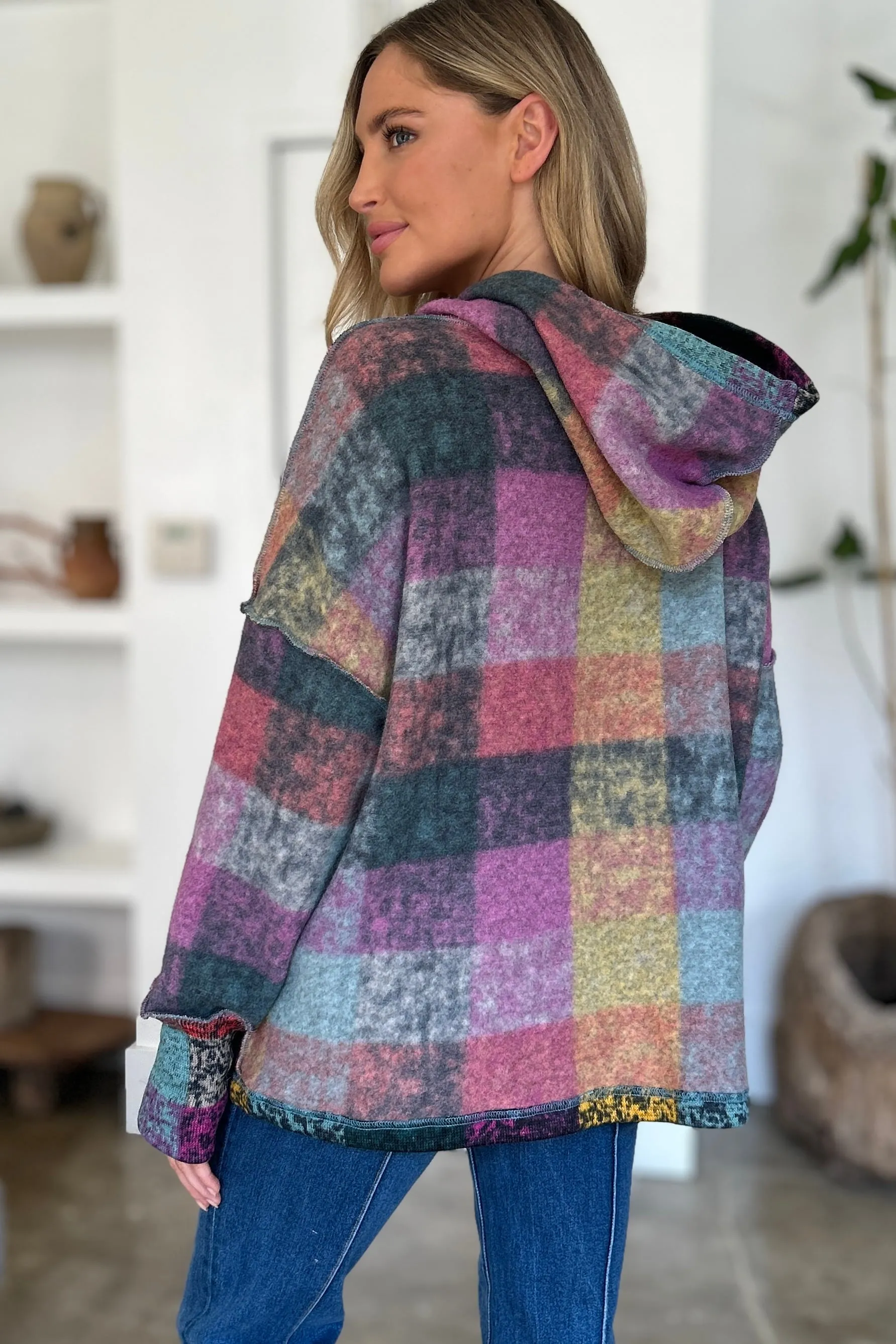 Cozy Plaid Charm: Double Take Dropped Shoulder Hoodie