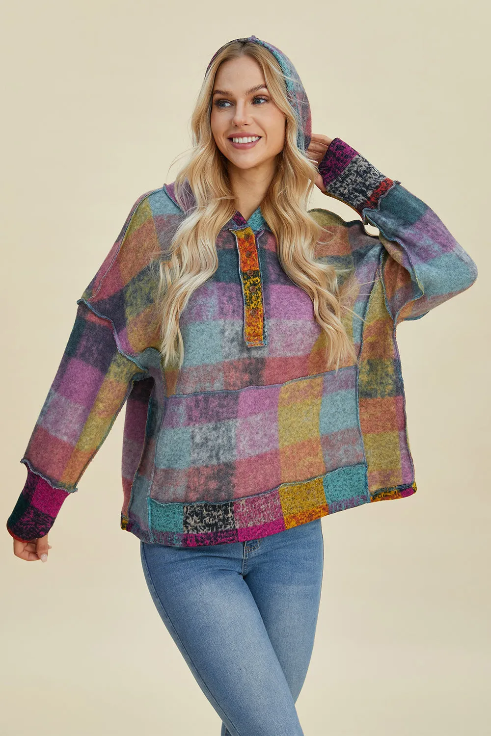 Cozy Plaid Charm: Double Take Dropped Shoulder Hoodie