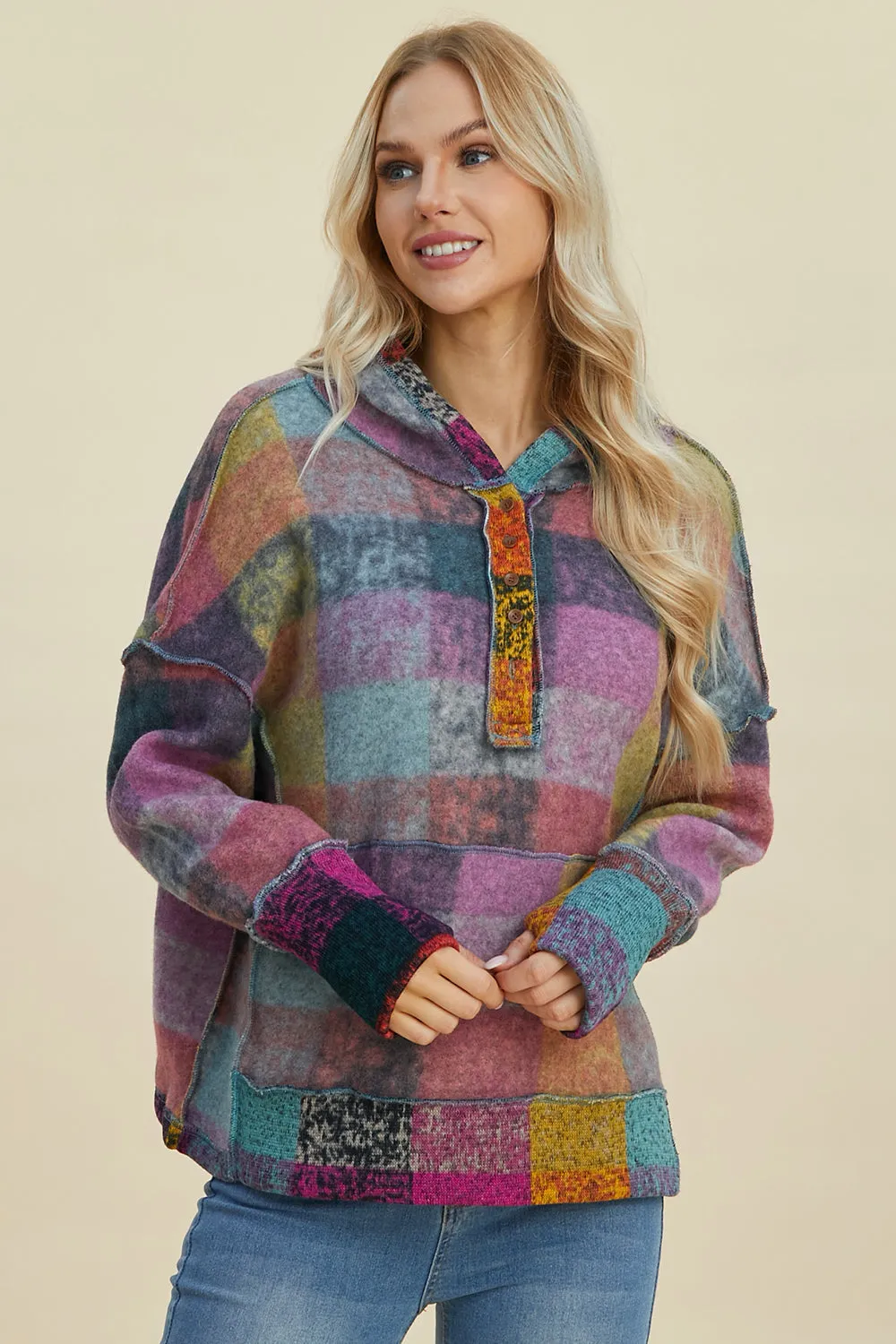 Cozy Plaid Charm: Double Take Dropped Shoulder Hoodie