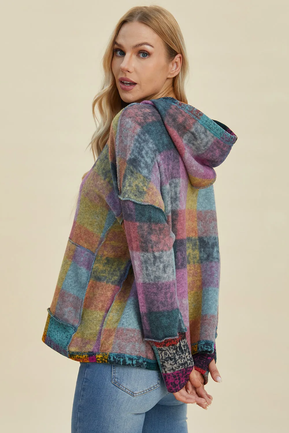 Cozy Plaid Charm: Double Take Dropped Shoulder Hoodie